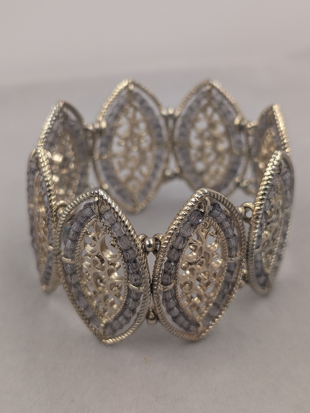 Goldtone Filigree Gray Beaded Statement Cuff Bracelet | 1327